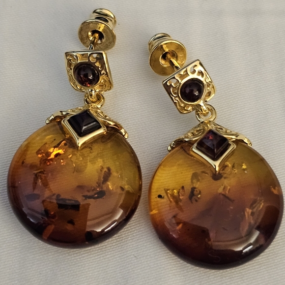 Baltic Amber & Garnet Drop Earrings, 925 Silver, NWT - Picture 1 of 6